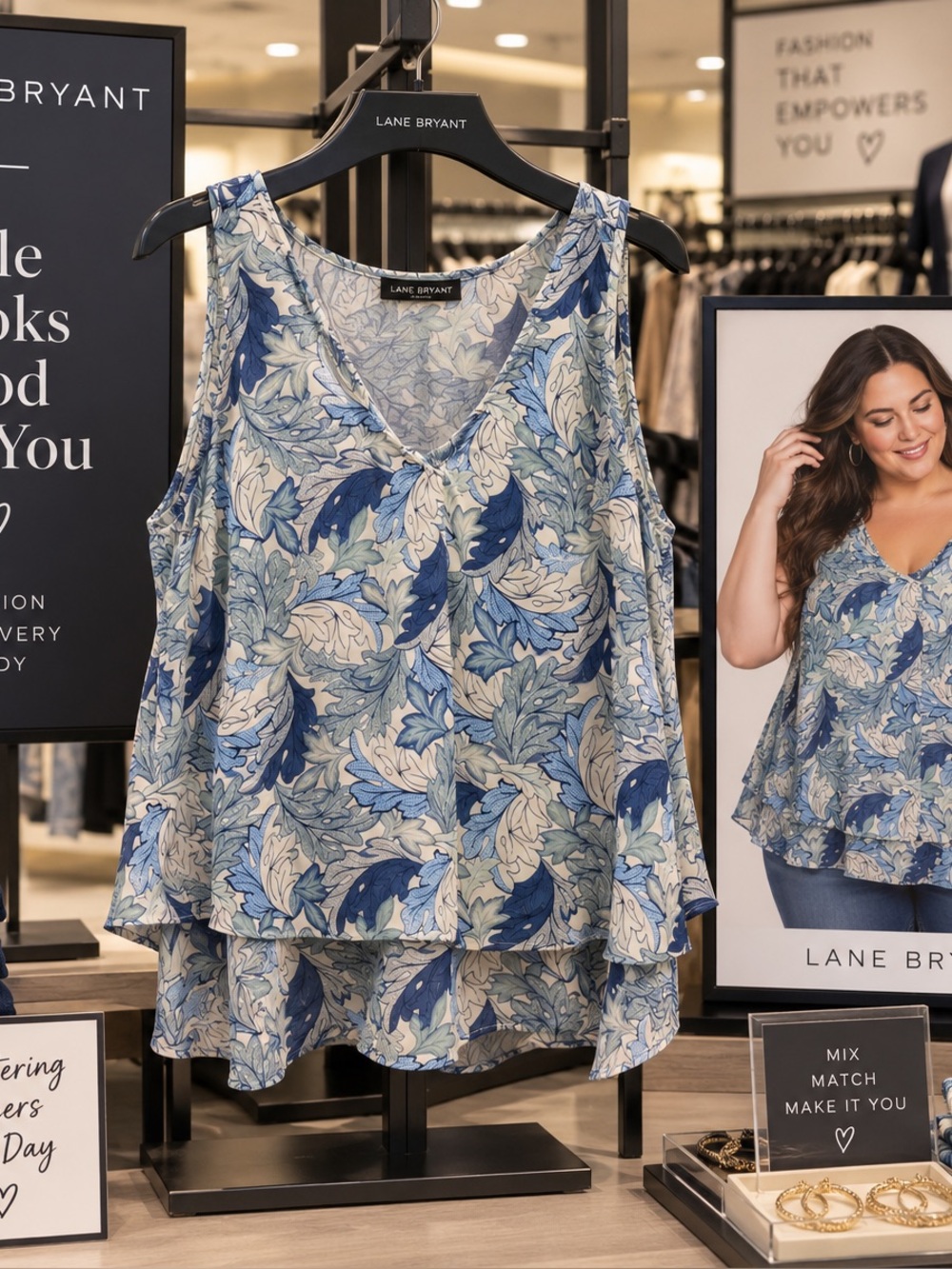 Lane Bryant Sleeveless V-Neck Floral Layered Tank Top - Blue/White ⭐️⭐️